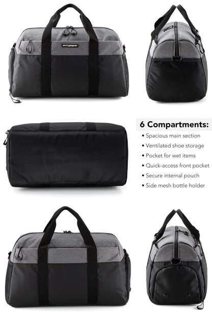 Fitgriff® Gym Bag V2 for Men and Women with Shoe & Wet Compartment - Duffle Bag for Travel, Sports, Fitness and Workout (Black/Grey, 19 x 10 x 11″ (Small))