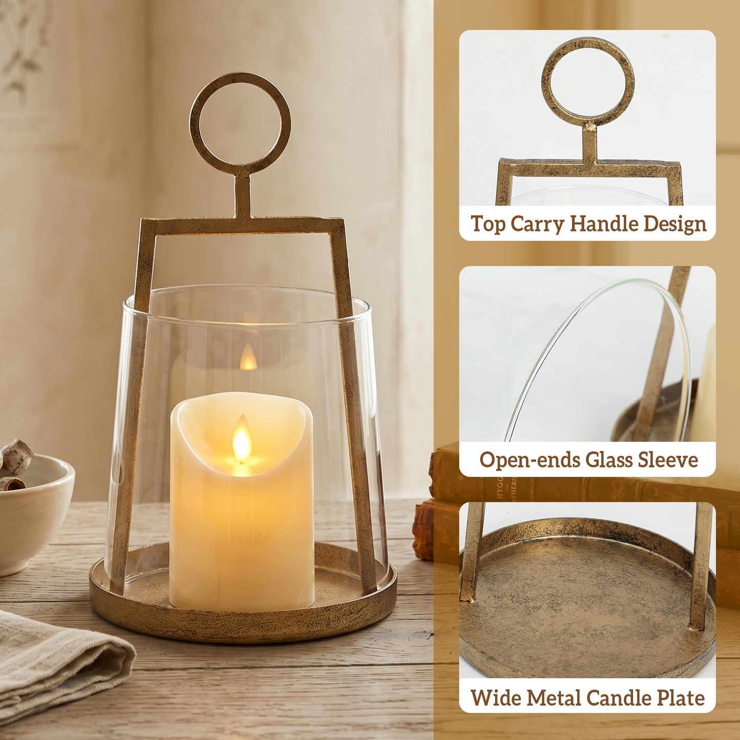 Modern Farmhouse Hurricane Candle Holder, Antique Brass Metal Centerpiece with Sturdy Glass Sleeve, Tabletop Geometric Lantern for Pillar Candles, Plants & Home Decor (6" x 10")