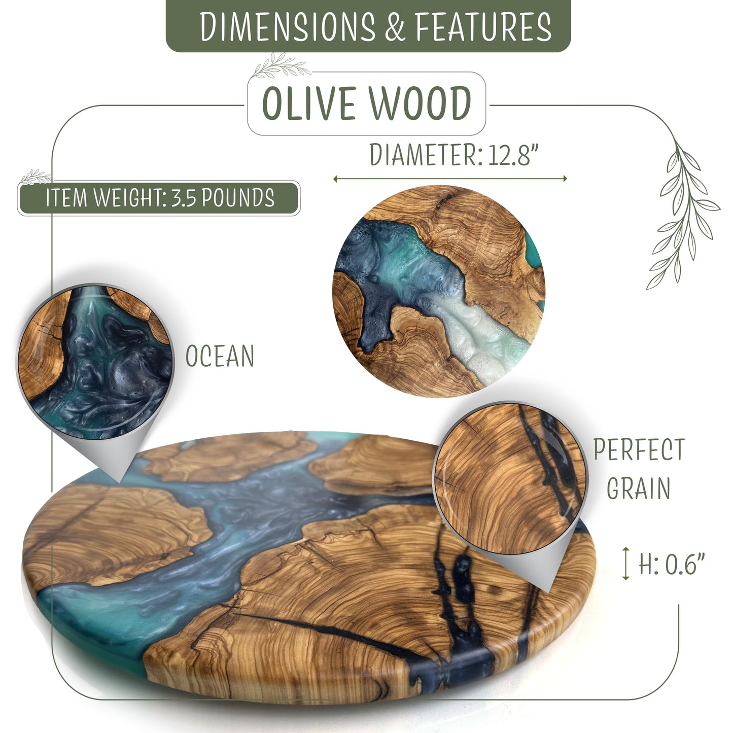 Handmade Olive Wood Round Resin Cheese & Charcuterie Board – Circular Decorative Epoxy Cutting Board with Unique Blue Resin Artwork, Ocean Oasis Design