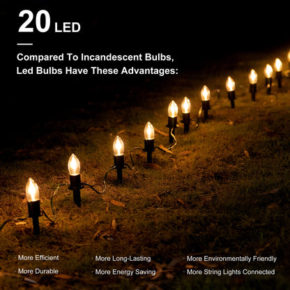 PerPaiMe C9 Christmas Pathway Lights Outdoor LED - 24.2 Feet String Lights with 20 Bulbs, Waterproof Christmas Path Lights with Stake for Yard, Garden, Lawn, Walkway, Driveway, Sidewalk, Warm White
