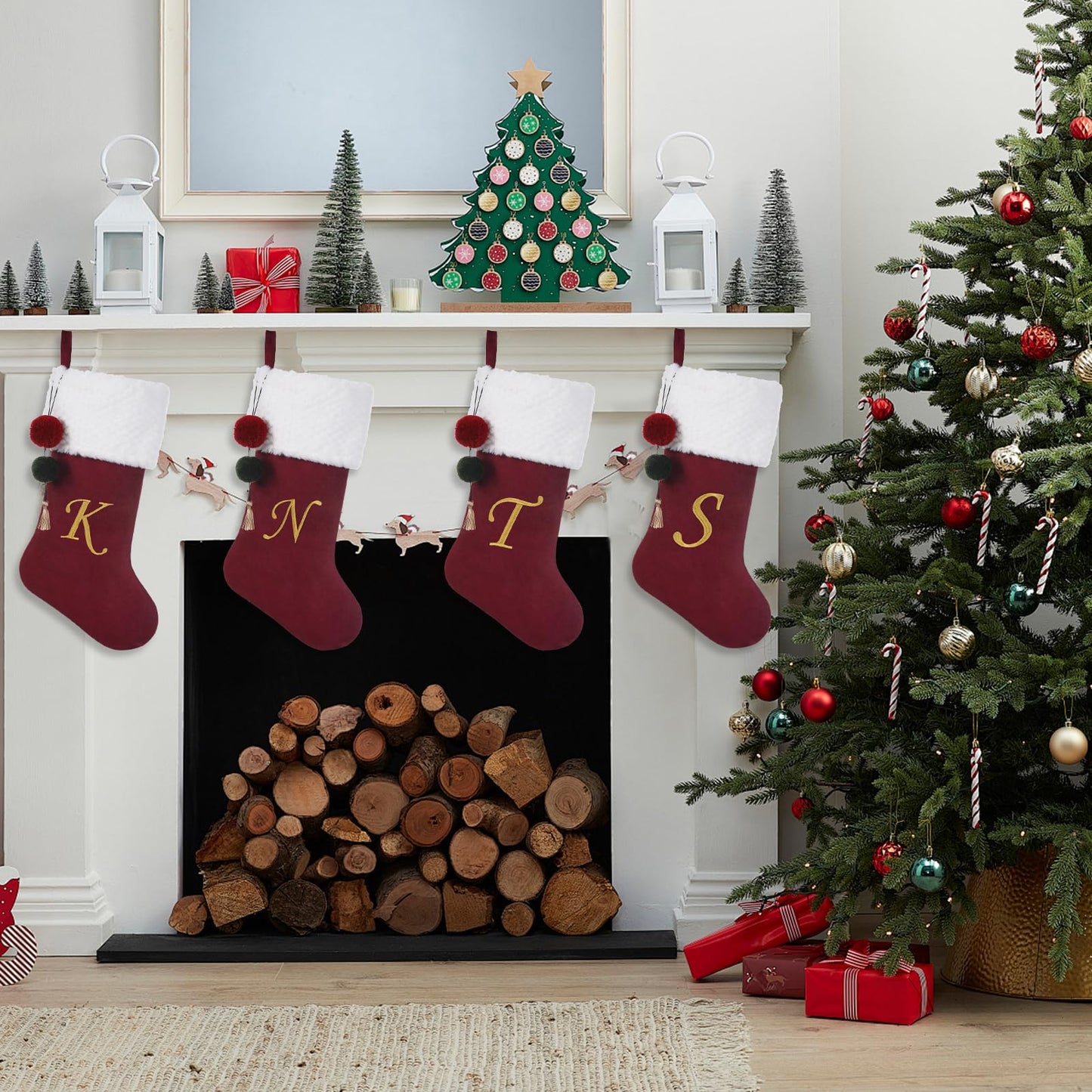 Pxniy 19.5" Personalized Burgundy Christmas Stocking with Embroidered Initials- Fireplace Stockings, Family Holiday Xmas Party Decor Mom