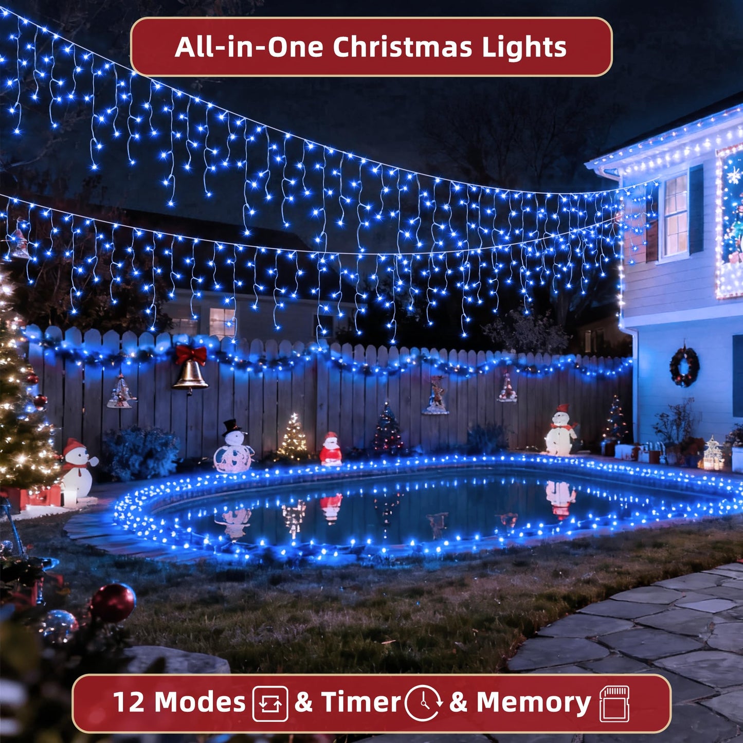 504 LED Christmas Lights Outdoor 50FT with 112 Drops, Christmas Decorations Hanging Lights 12 Modes, Dimmable Outsite Fairy String Lights for Wedding Party Holiday Winter Wonderland Decor Blue