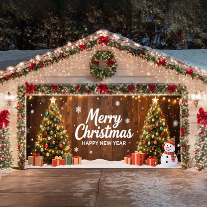HOMETITUTE Christmas Garage Door Banner 13x6ft Merry Christmas Happy New Year Green Trees Snowman Gift Boxes Holiday Outdoor Indoor Decor Seasonal Party Backdrop
