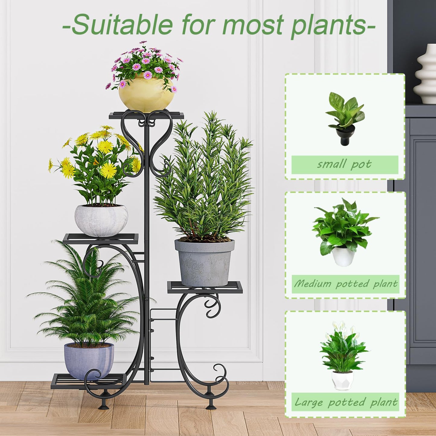 INGIORDAR Plant Stand Indoor Outdoor Shelf 4Tier Metal Holder Pot Rack Multiple Plants Stand Tall Flower Shelf Corner Living Room Garden,Black (Black, 4 Pots)