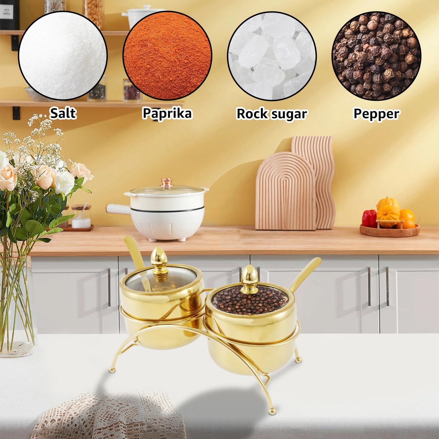 Luxury Gold Sugar Bowl Set with Spoons, 3-Piece Retro 304 Stainless Steel Seasoning Box for Coffee Bar Decor, Elegant Condiment Pots with Clear Glass Lid & Serving Tray for Salt, Candy, Cube Sugar