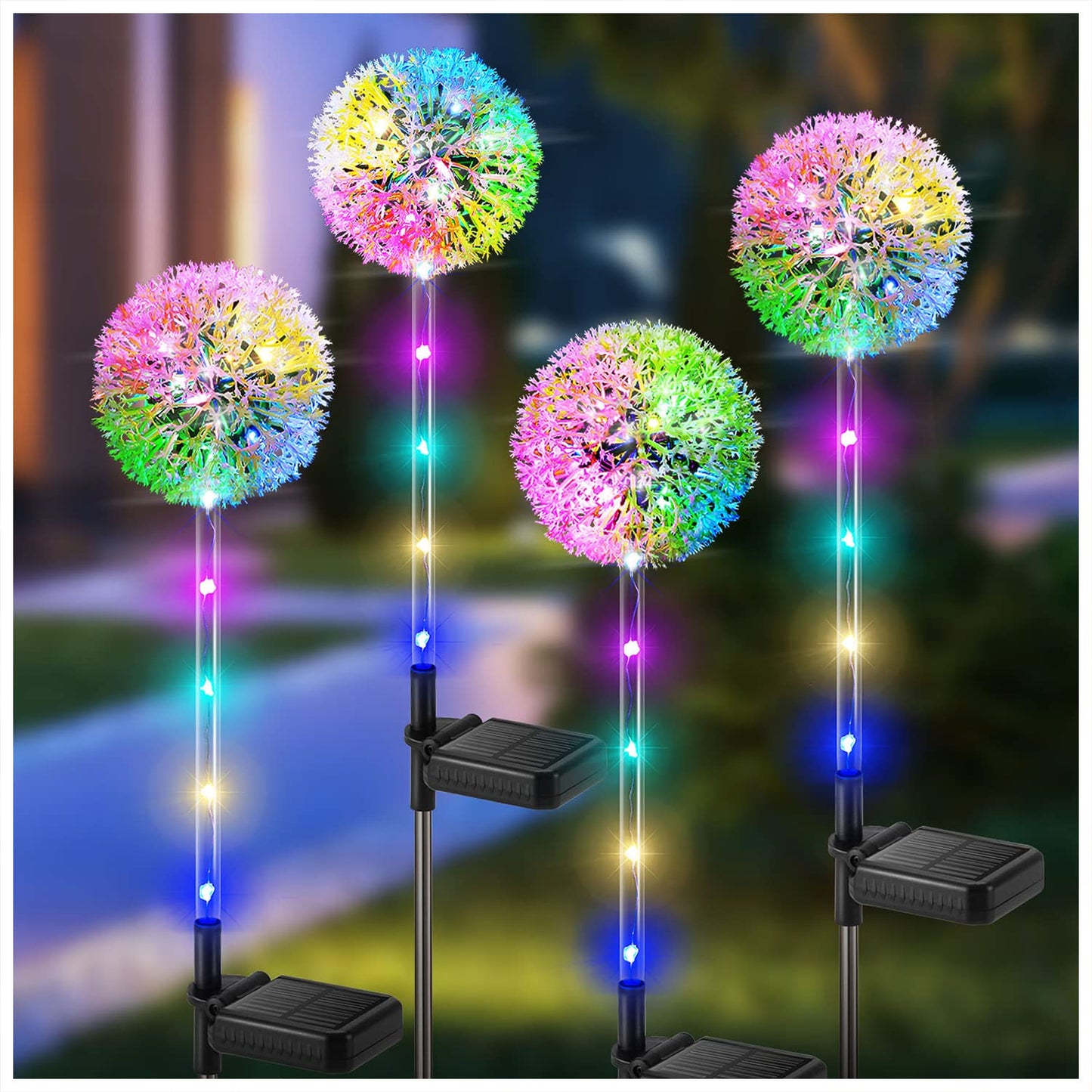 BUCASA Solar Lights Outdoor Garden, 4 Pack Dandelion Garden Lights with 16 Colourful LEDs, Waterproof Solar Flower Lights for Lawn Yard Garden Ornaments Outdoor Christmas Decorations