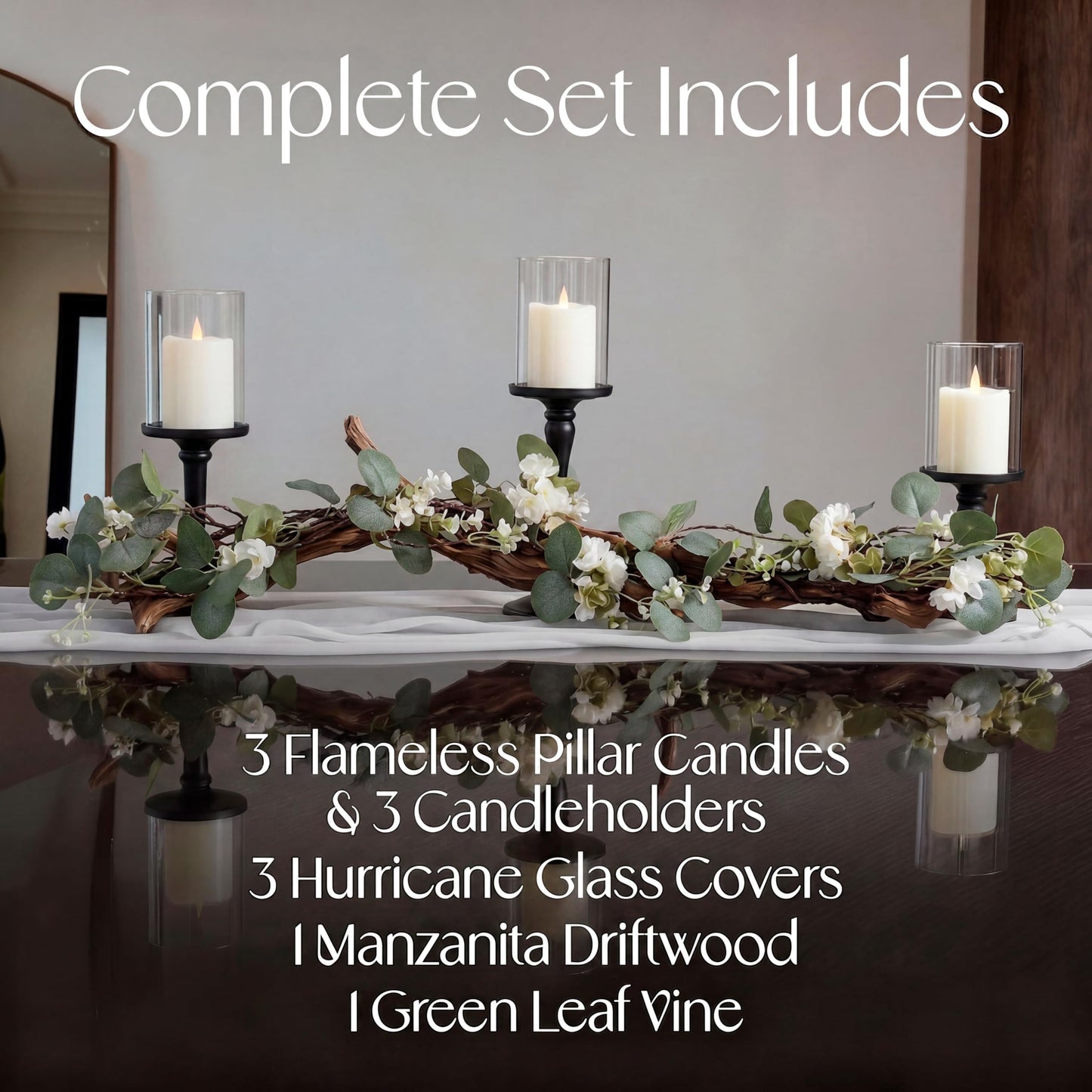 Eucalyptus Table Centerpiece with Candle Holders, Farmhouse Greenery Decor Black