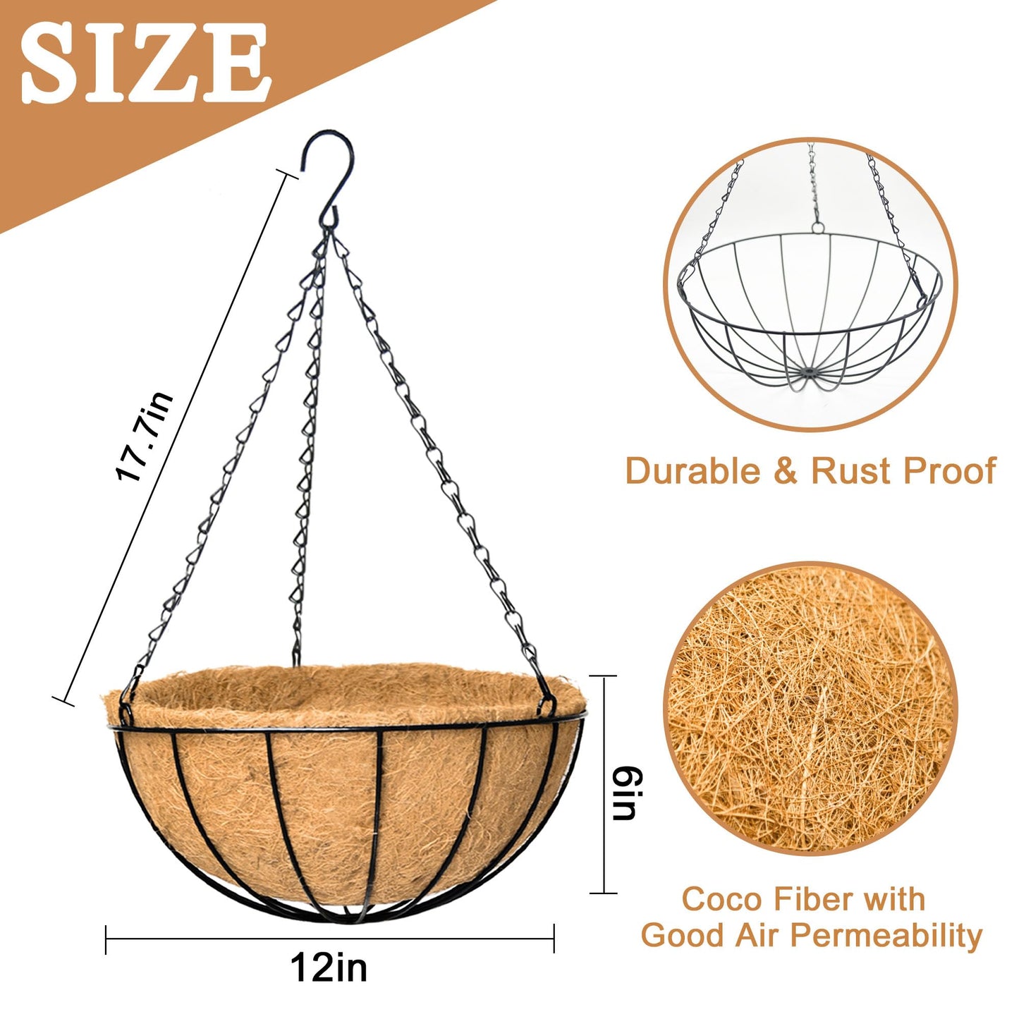 XXFBJNMD 4 Pack 12 Inch Hanging Baskets for Plants Outdoor Metal Hanging Planter Basket with Coco Coir Liner Hanging Flower Baskets Hangings Flower Pots Holder for Garden, Patio(Watermelon)
