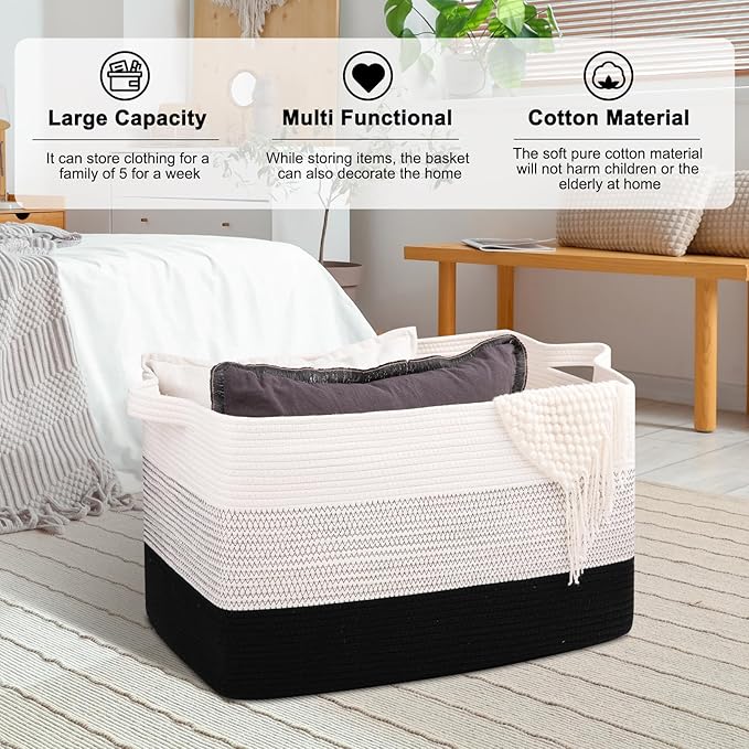 OIAHOMY Extra Large Blanket Basket, 95L Cotton Rope Woven Laundry Basket