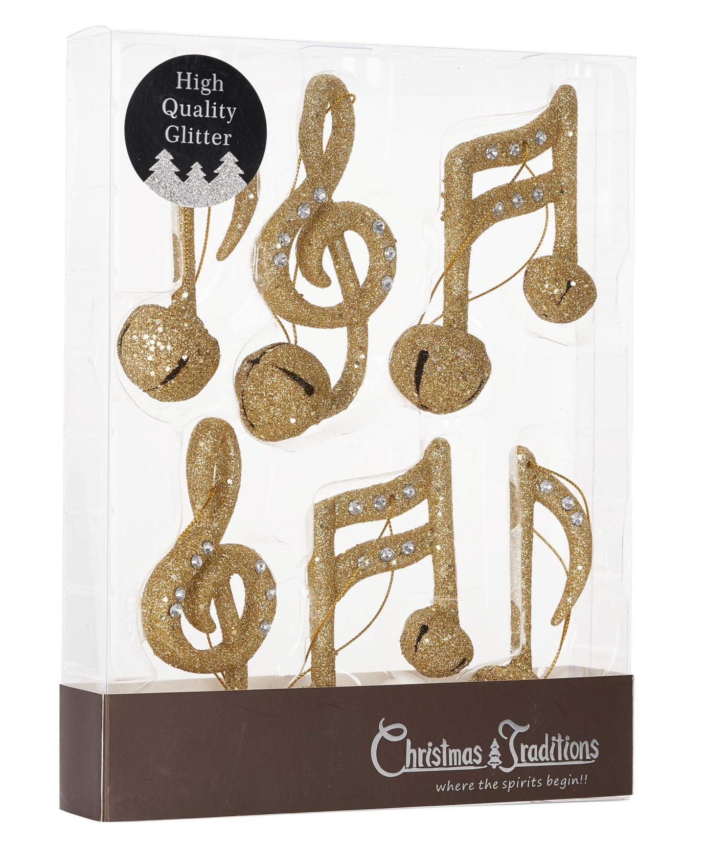 Christmas Traditions 4" Gold Glittered Christmas Hanging Musical Ornaments Musical Notes with Metal Bell Tree Decorations Quarter Note/Eighth Note/Treble Clef 3 Styles asst. (Set of 6) (Gold)