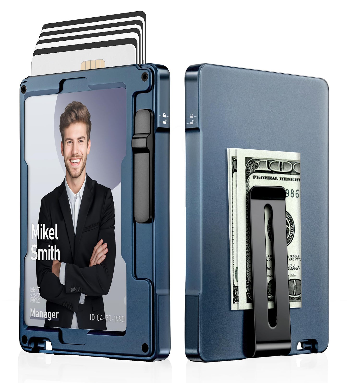 umoven Minimalist Wallet for Men, Slim Aluminum Metal Money Clip Card Holder, Pop-Up Card Case, RFID Blocking Mens Wallet with ID Window, Front Pocket Wallet for Men(Blue)