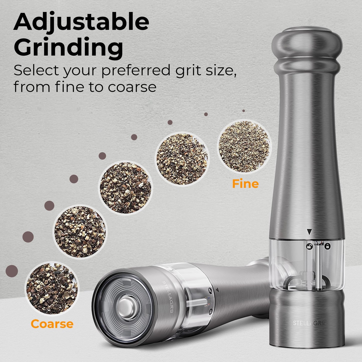 Electric Salt and Pepper Grinder Set, Battery Operated Grinders with Adjustable Coarseness, LED Light, One-Hand Operation, Refillable Stainless Steel Mills