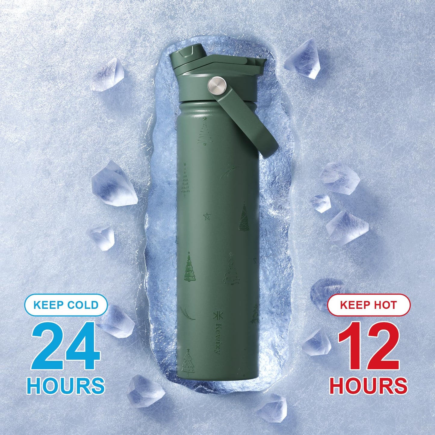 KEWIXY 24 oz Christmas Water Bottle, 2-in-1 Lid, Straw & Spout, Insulated, Leak Proof, Keep Cold, Stainless Steel, Metal, Reusable, Handle, Holiday Gift, Cupholder Friendly, Green Tree