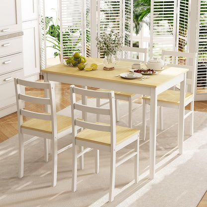 Tangkula Dining Table Set for 4, Solid Wood, Farmhouse Dinette Set w/Rubber Wood Legs, Compact Dining Table and Chairs Set for Kitchen, Dining Room (Natural+White)