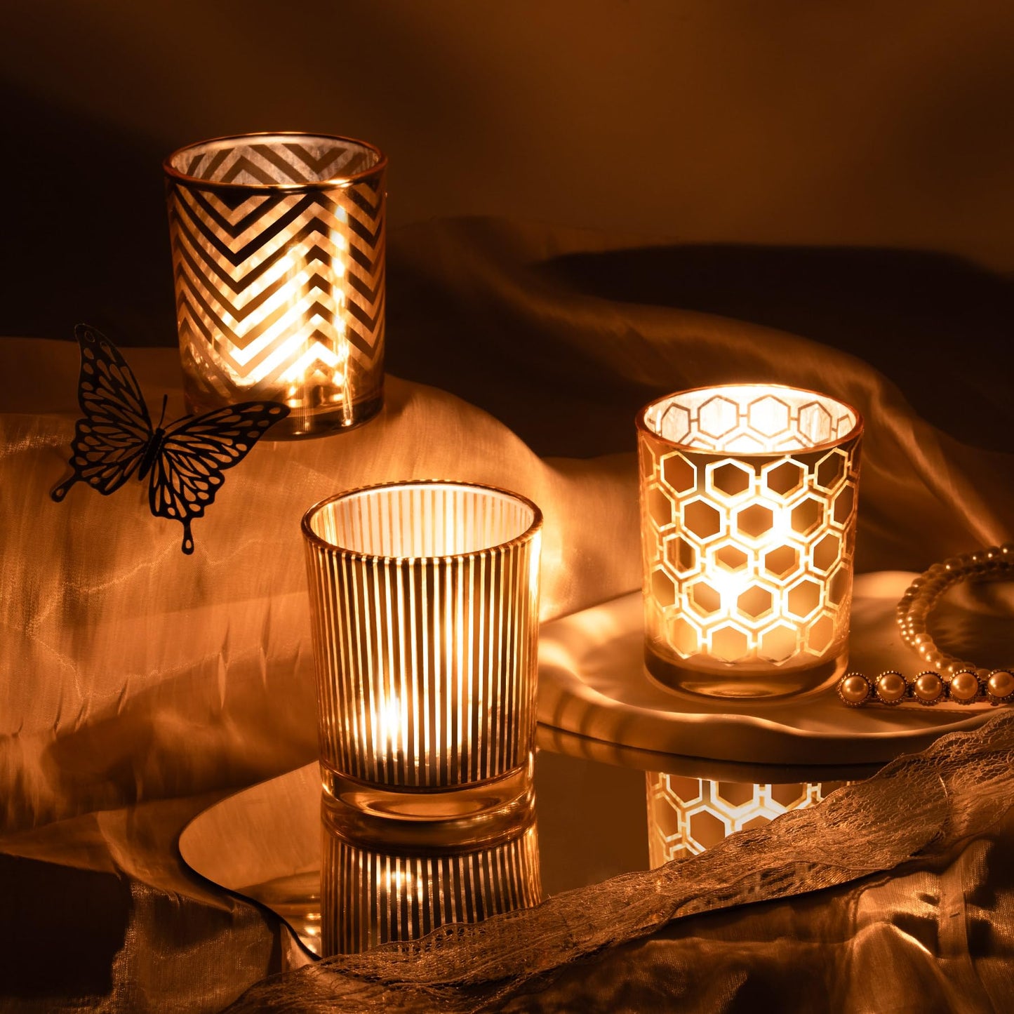 Toptime Tea Lights Candle Holder, Gold Votive Candle Holders Set of 3, Glass Tealight Holders with Geometric Stripe Wave Pattern, Centerpiece Table Decorations for Wedding Birthday Party Supplies