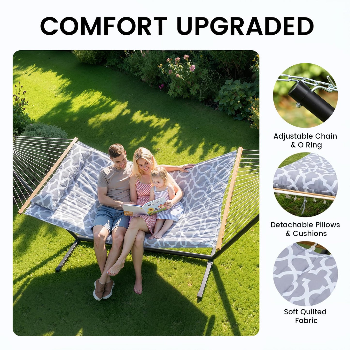 ANAGOO Double Hammock with Stand – Portable Cotton Rope Hammock with Removable Quilted Pad & Pillow, Adjustable Steel Frame for Patio, Backyard, Garden, Park, Camping & Outdoor Relaxation – White Gray