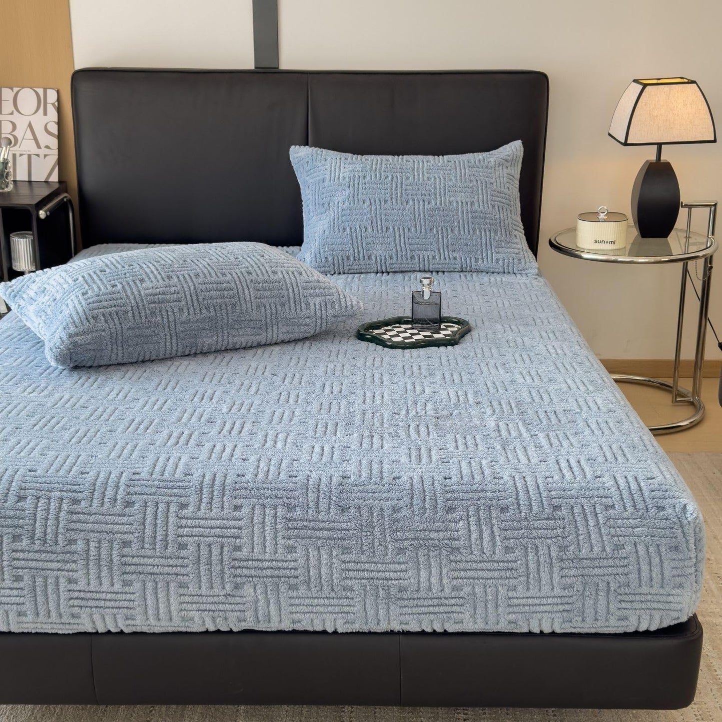 ZIQINPSQ Queen Size Flannel Fitted Sheet - 1 Piece Winter Warm Deep Pocket (15") Bed Sheet, Shrink & Fade Resistant, Hotel Quality, Light Steel Blue