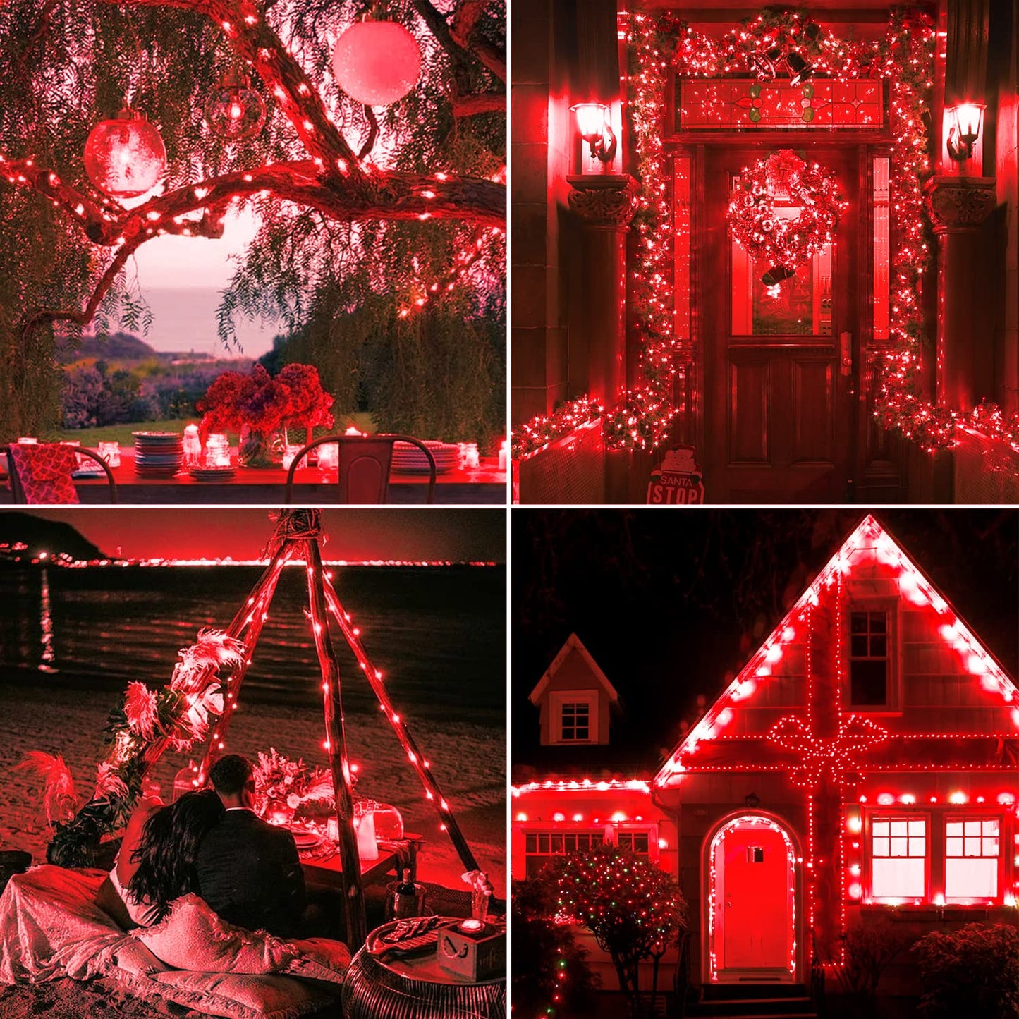 JMEXSUSS 4 Pack 400 LED 132FT Red Solar Fairy Lights Outdoor Waterproof, 8 Modes Copper Wire Solar String Lights for Outside Patio Garden Christmas Decorations