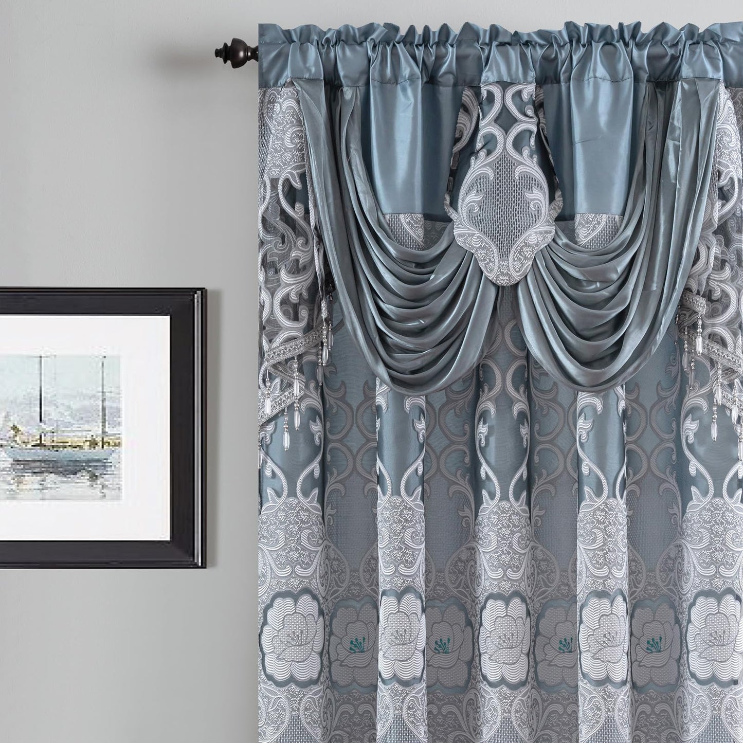Petrichor Gray Sheer Jacquard Voile Curtains （54" W x 84" L）, 2 Panels with Attached Valance, Double Layer Floral Cutwork Design with Luxurious Texture, Rod Pocket, for Bedroom & Living Room