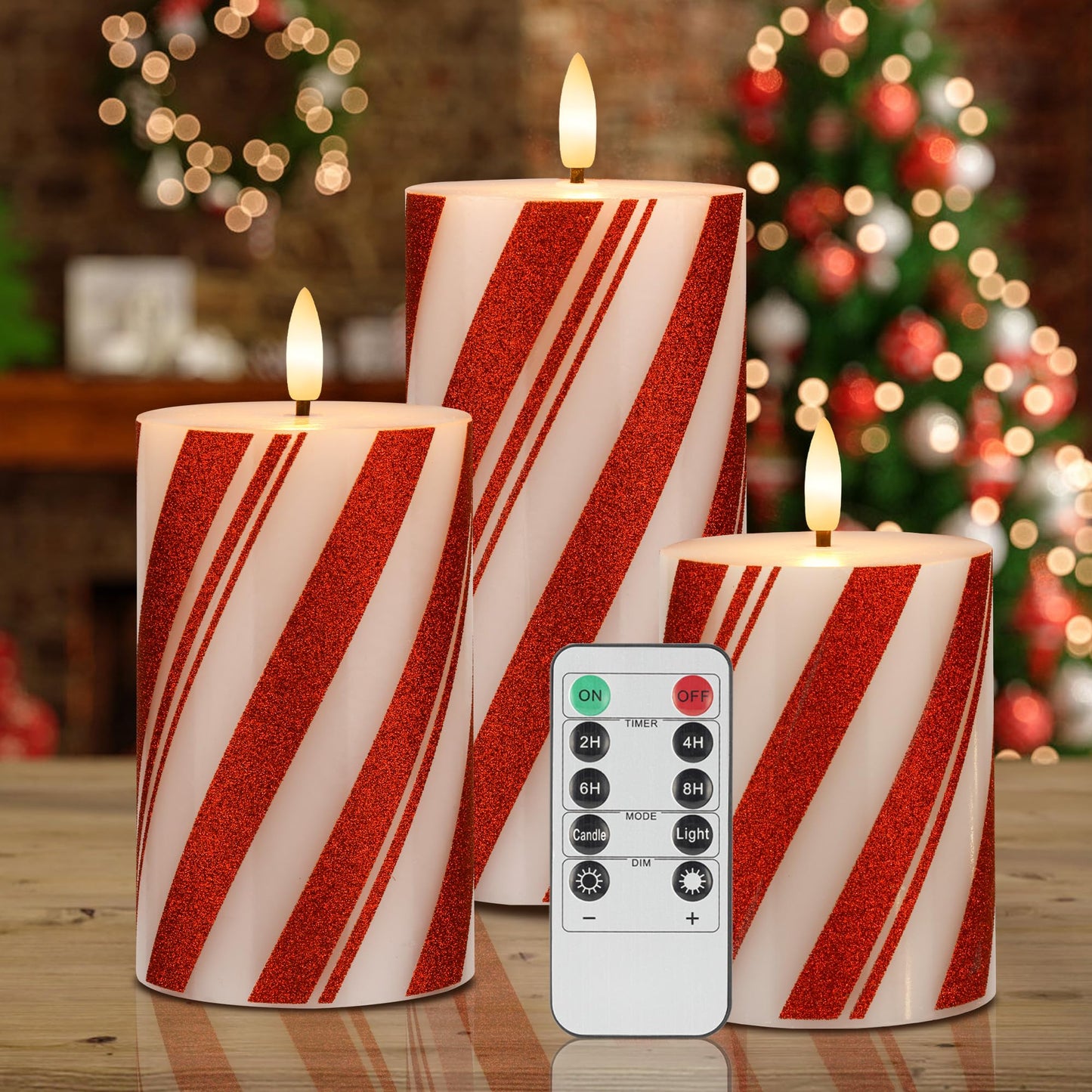 AFINETH Flameless Pillar Candles with Remote, Battery Operated Red Candy Cane Candles Real Wax, Flat Top Flickering Christmas LED Candle Decorations for Xmas, Home, Party Decor, Set of 3