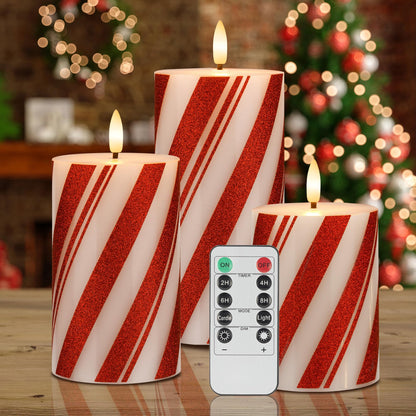 AFINETH Flameless Pillar Candles with Remote, Battery Operated Red Candy Cane Candles Real Wax, Flat Top Flickering Christmas LED Candle Decorations for Xmas, Home, Party Decor, Set of 3