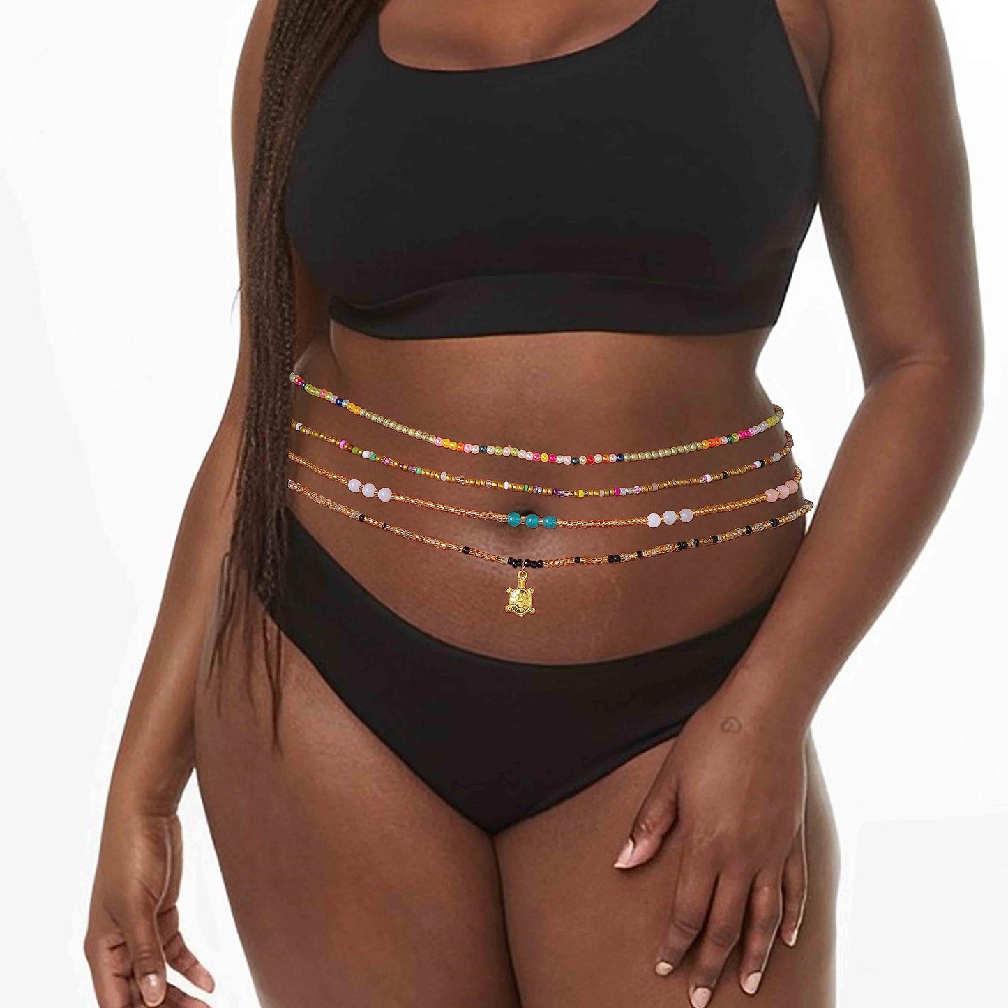 ELABEST 24-39inch African Waist Beads for Women 8Pcs Elastic Belly Beads Colorful Beaded Waist Jewelry Accessories Body Chain (Gold, 31.5inch/80cm)