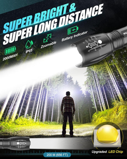 Maxesla Rechargeable LED Torch Set High Lumen, IP65 Waterproof, 5 Modes, Zoomable Pocket Torch Led Super Bright Flashlight, Battery Powered Torch for Camping, Hiking, Outdoor, 18650 Battery Included