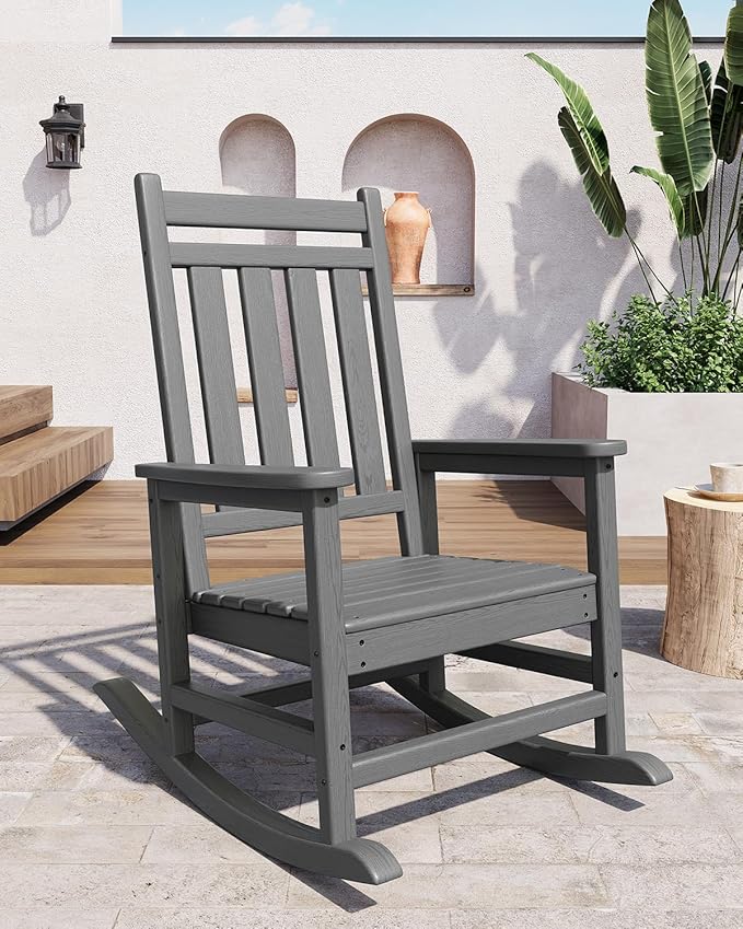GarveeLife Poly Lumber Rocking Chair Outdoor - HDPE High Back Porch Rocker Chairs for Adults - All Weather Resistant Furniture for Patio - Grey