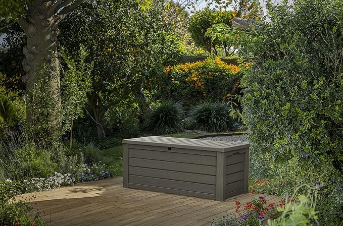 Keter Westwood 150 Gallon Resin Large Outdoor Storage Box for Patio Furniture, Outdoor Cushions, Garden Tools and Pool Floats, Taupe