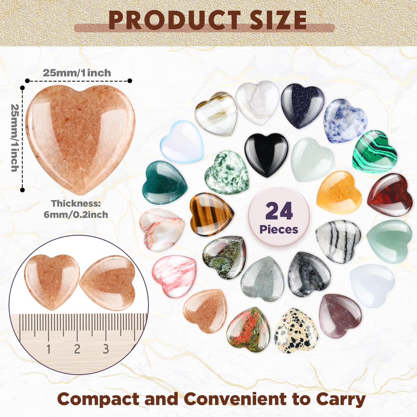 Nuenen 24 Pcs Heart Crystals Stones for Healing Bulk 1'' Natural Heart Shaped Rocks Polished Worry Stone Palm Pocket Love Gemstones for Women Men Wedding Meditation Balancing Witchcraft Decoratio