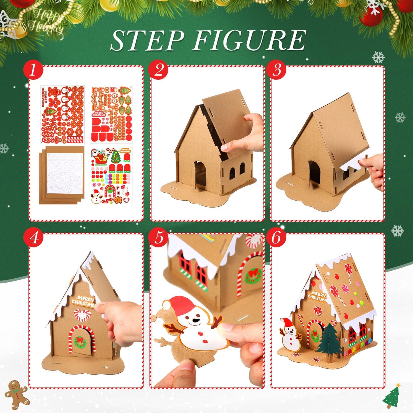 Sumind 3 Sets Christmas Gingerbread House Kit Small Xmas DIY Craft Kit Mini Christmas Cardboard Make-a-Gingerbread House Craft for Xmas Party Supplies Holiday Decor(Lovely Style)