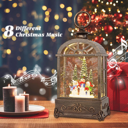 LSISOVO Christmas Snow Globe Lantern,Christmas Decorations Indoor for Home,with 6 Hour Timer Musical Snow Globes,Battery Or USB Powered Swirling Glitter Lantern Christmas Decor Gifts,Snowman Family