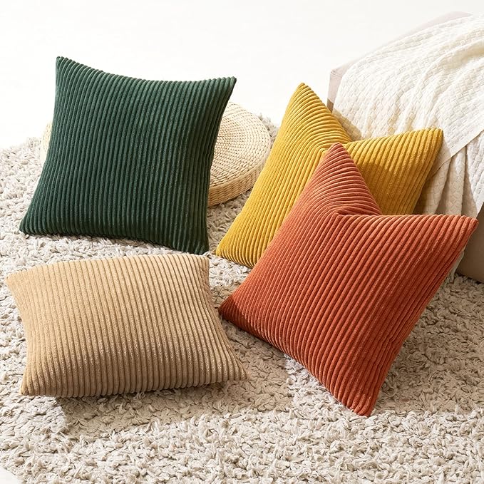 MIULEE Pack of 4 Green-Rust Corduroy Decorative Throw Pillow Covers 18x18 Inch