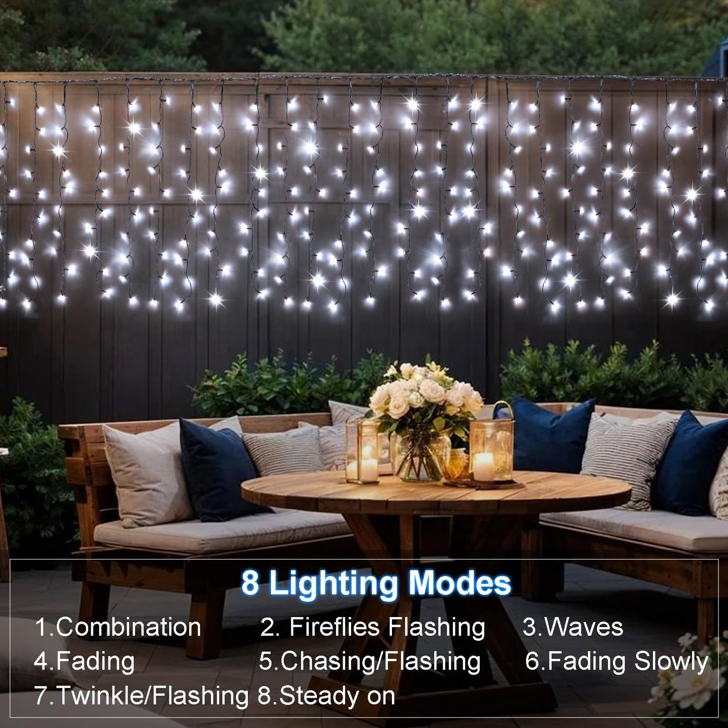 DBFAIRY Solar Curtain Lights,13ft x 3.3ft 200 LED Outdoor Solar Curtain Lights Waterproof Green Wire with 8 Mode for Garden Handrail Railing Eaves Wall Decoration -Cool White