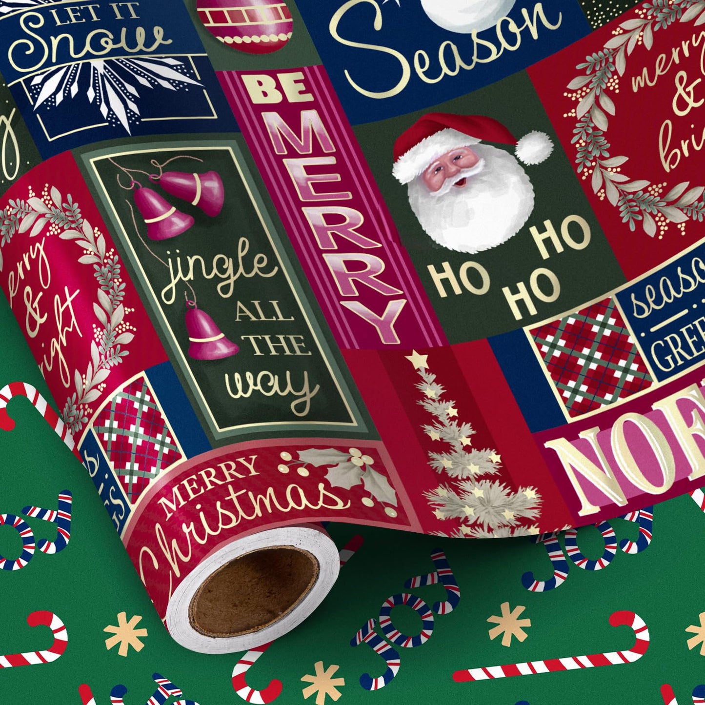 RUSPEPA Reversible Wrapping Paper Roll - Mini Roll - Christmas Santa Claus, Snowman and Candy Cane Pattern Great for Christmas, Party, Holiday - 17.5 Inches X 32.8 Feet