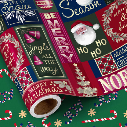 RUSPEPA Reversible Wrapping Paper Roll - Mini Roll - Christmas Santa Claus, Snowman and Candy Cane Pattern Great for Christmas, Party, Holiday - 17.5 Inches X 32.8 Feet