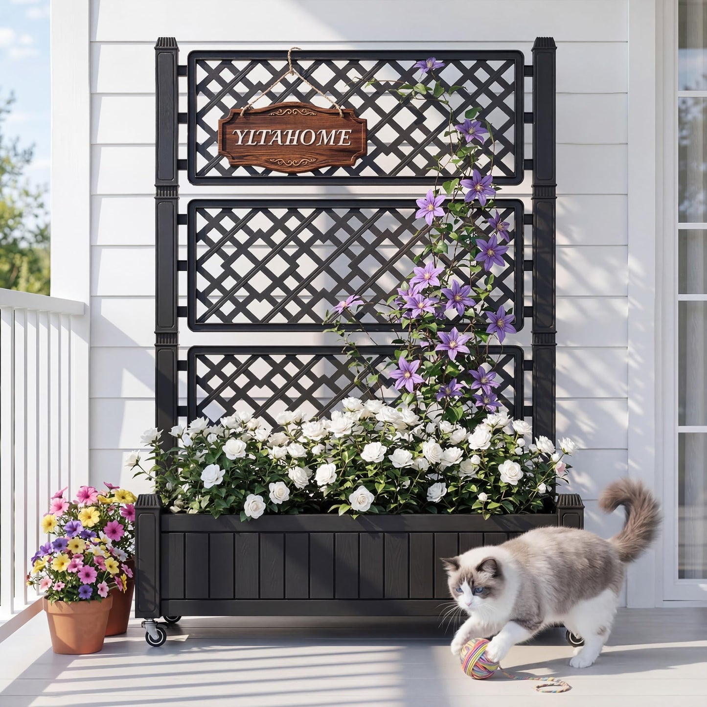 YITAHOME 42.5x14.2x61 in Planter Box with Trellis/Outdoor Privacy Screen, All-Weather Raised Garden Bed with Wheels & Drain Plug for Climbing Plants Flowers Herbs, Black