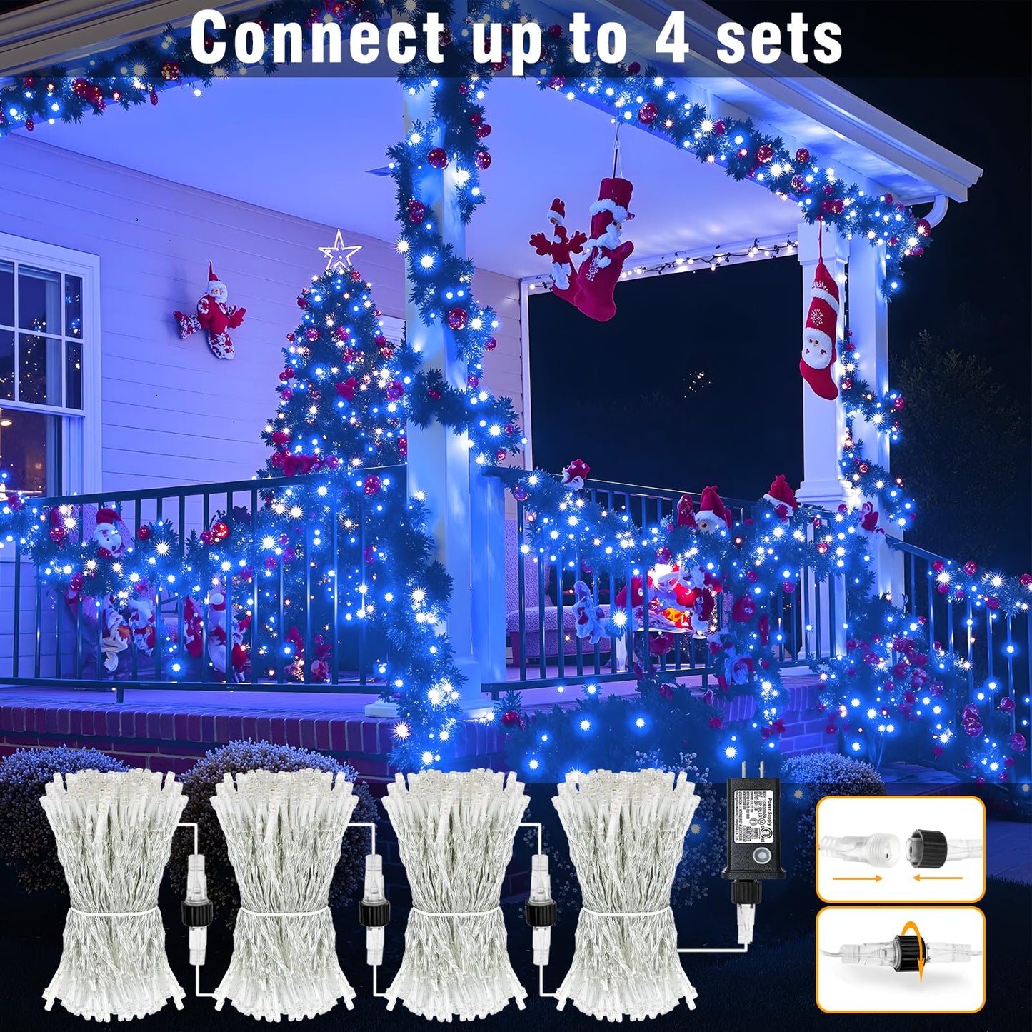 100FT 300 LED Outdoor String Lights, Plug in Connectable Christmas Lights Indoor Waterproof, 8 Modes String Lights for Outside Bedroom Home Xmas Tree Patio Yard Party Decorations, Blue and White