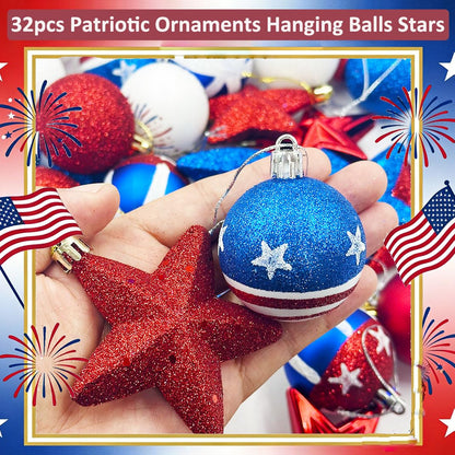 Patriotic Ornaments Hanging Balls - 32 Pcs 4th of July Independence Day Tree Ornaments Memorial Day Red White Blue Stars Balls for Veterans Day Holiday Party Home Christmas Tree Decor