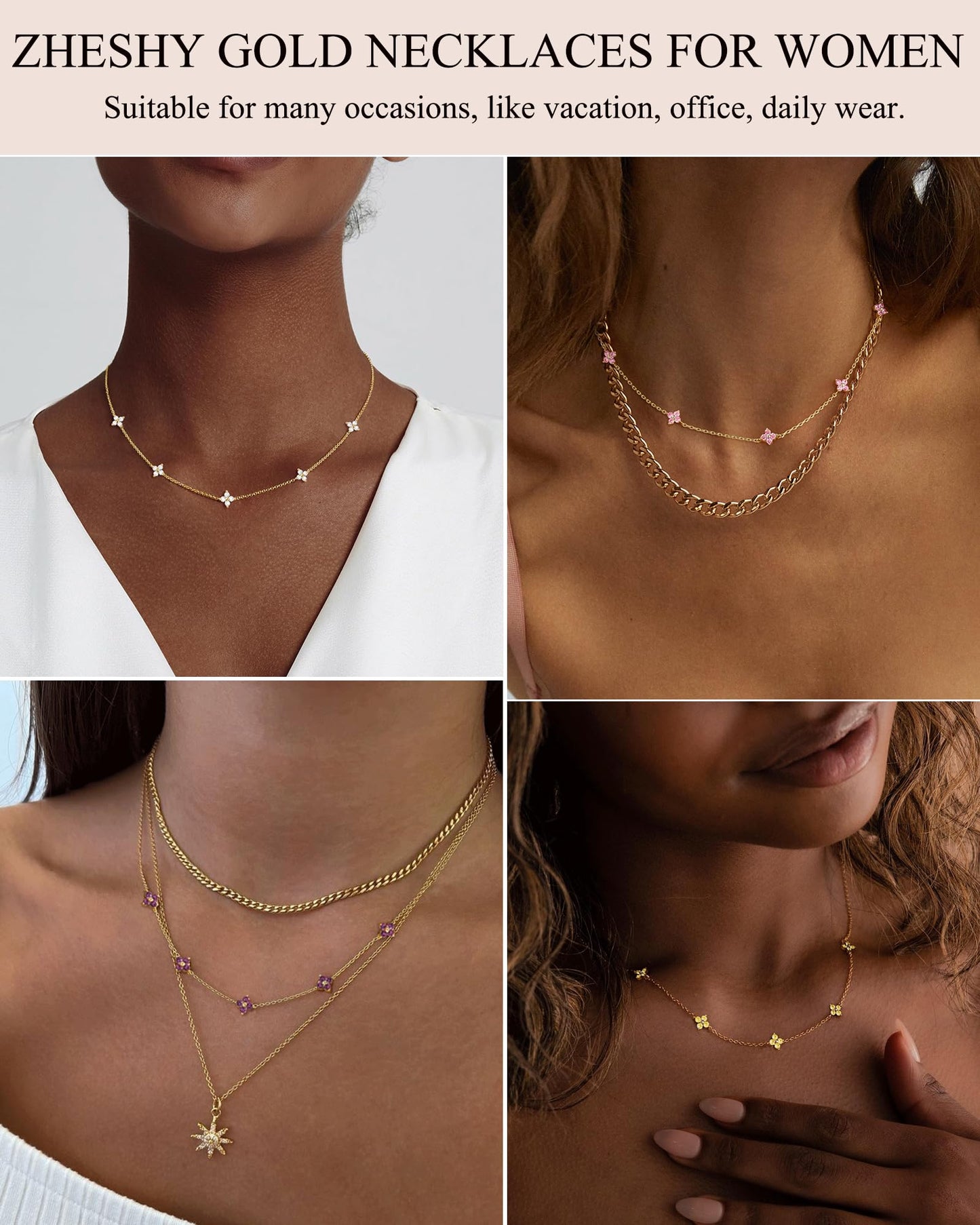 ZHESHY Birthstone Gold Necklace for Women Dainty Non Tarnish 14K Gold Plated Diamond Choker Necklaces Clover Cubic Zirconia Station Necklace Birthday Valentine's Day Gifts Womens Prom Gold Jewelry