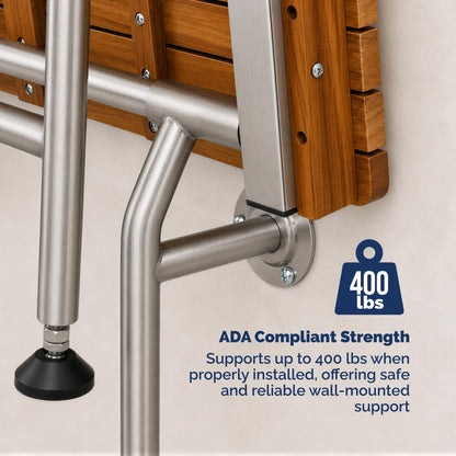 Teak Shower Seat Bench with Drop Down Legs – ADA Compliant Folding Teak Shower Bench, Wall Mounted Fold Up Bath Seat, 400 lb Capacity, Waterproof Teak Wood (18 Inches)