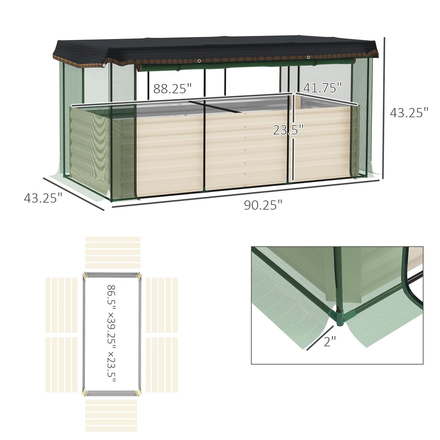 Outsunny 7.3 x 3.4 x 2 ft Galvanized Raised Garden Bed with Crop Cage Plant Protection Net and Shade Cloth Roof, Metal Planter Box with Cover for Vegetables, Flowers, Herbs, Beige