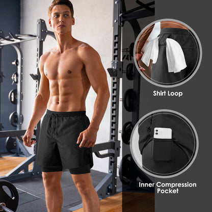 NIMOJIRO Men's 2 in 1 Running Shorts Workout Athletic Shorts Outdoor Sports with Liner Lightweight Training Yoga Gym Shorts with Phone Pockets Black L