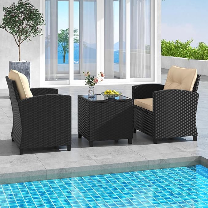 HAPPYGRILL 3 Pieces Wicker Patio Conversation Set, PE Rattan Bistro Sofa Set