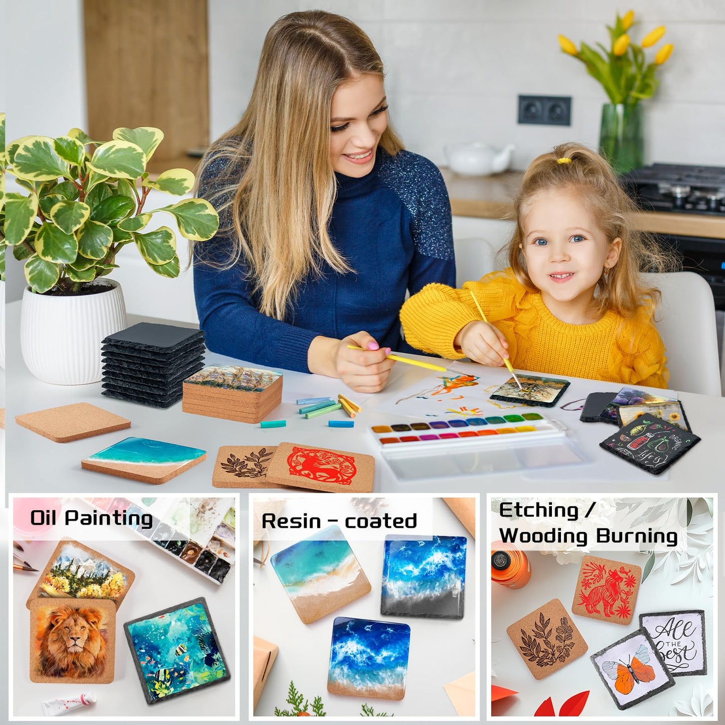 100 PCS Coaster Bulk for Laser Engraving, MAPRIAL 4 Inch 50 PCS Blanks Black Handmade Slate Stone Coasters, 50 PCS Cork Coasters, Engravable Materials for Engraver, Gifts, Crafts, Square