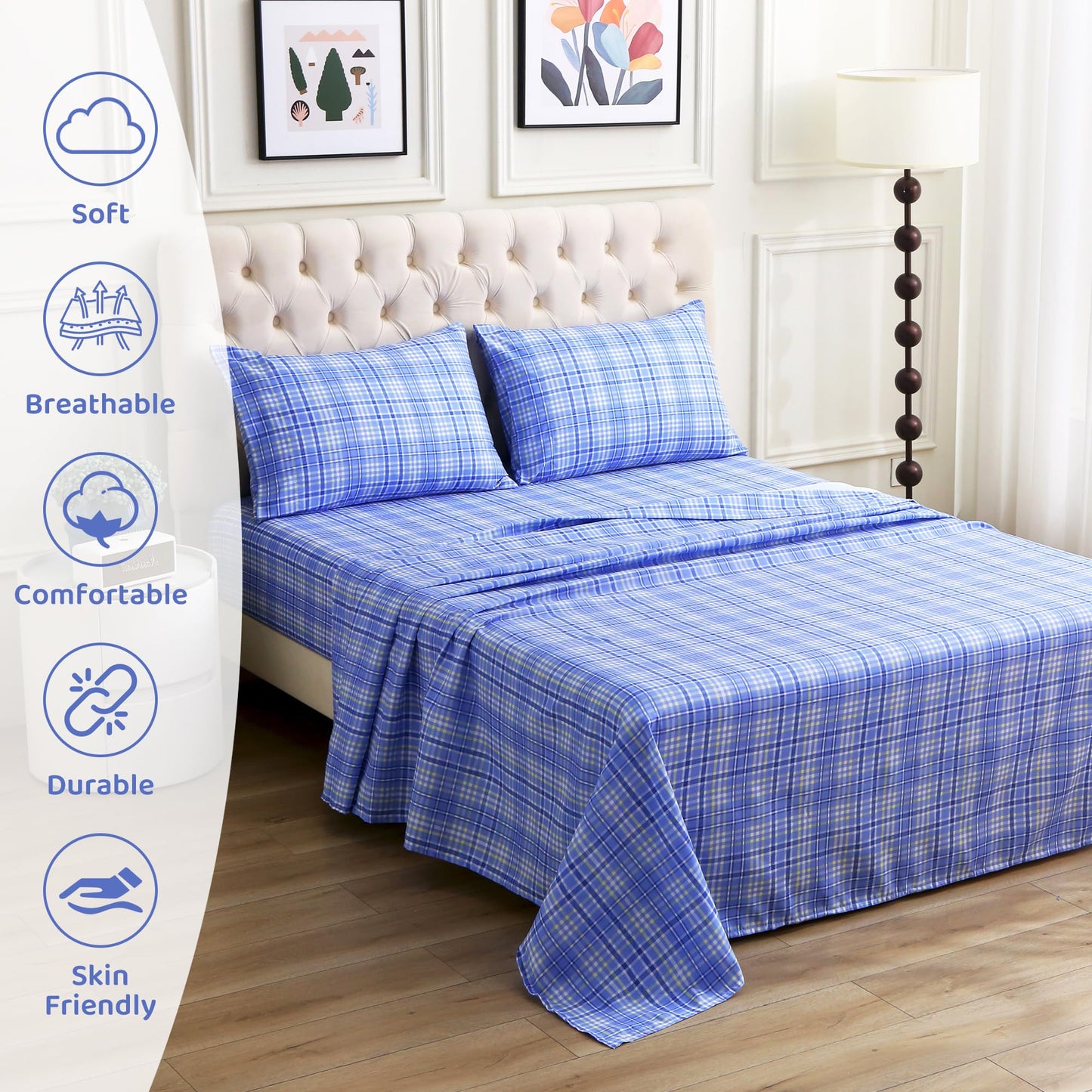 Mooreeke Cozy Plaid Microfiber Printed Full Sheet Set - Soft & Breathable Purple Yellow Plaid Bed Sheets with Extra Deep Pocket - Non-Slip Fitted Design - Purple Yellow Square Plaid Pattern - Full