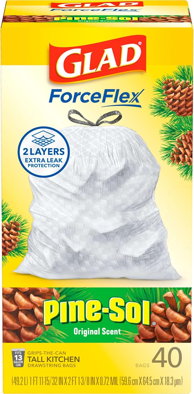 Glad ForceFlex Tall Kitchen Drawstring Trash Bags, 13 Gal, Pine-Sol Original