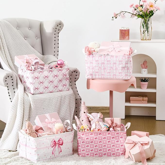 4 Pcs Pink Bow Storage Basket for Gifts Collapsible Girls Coqutte Pink Storage