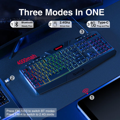 Redragon K521KS Wireless Gaming Keyboard, Tri-Mode BT/2.4G/USB-C RGB Mechanical Feeling Keyboard with Multimedia Keys, 4000mAh Battery, Anti-Ghosting, Compatible with PC - Upgrade
