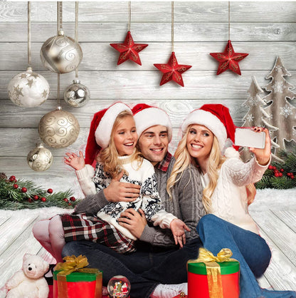Dudaacvt 8X8ft Christmas Backdrop White Wood Floor with Snowflake Backdrop Christmas Tree Gifts Background for Family Gathering